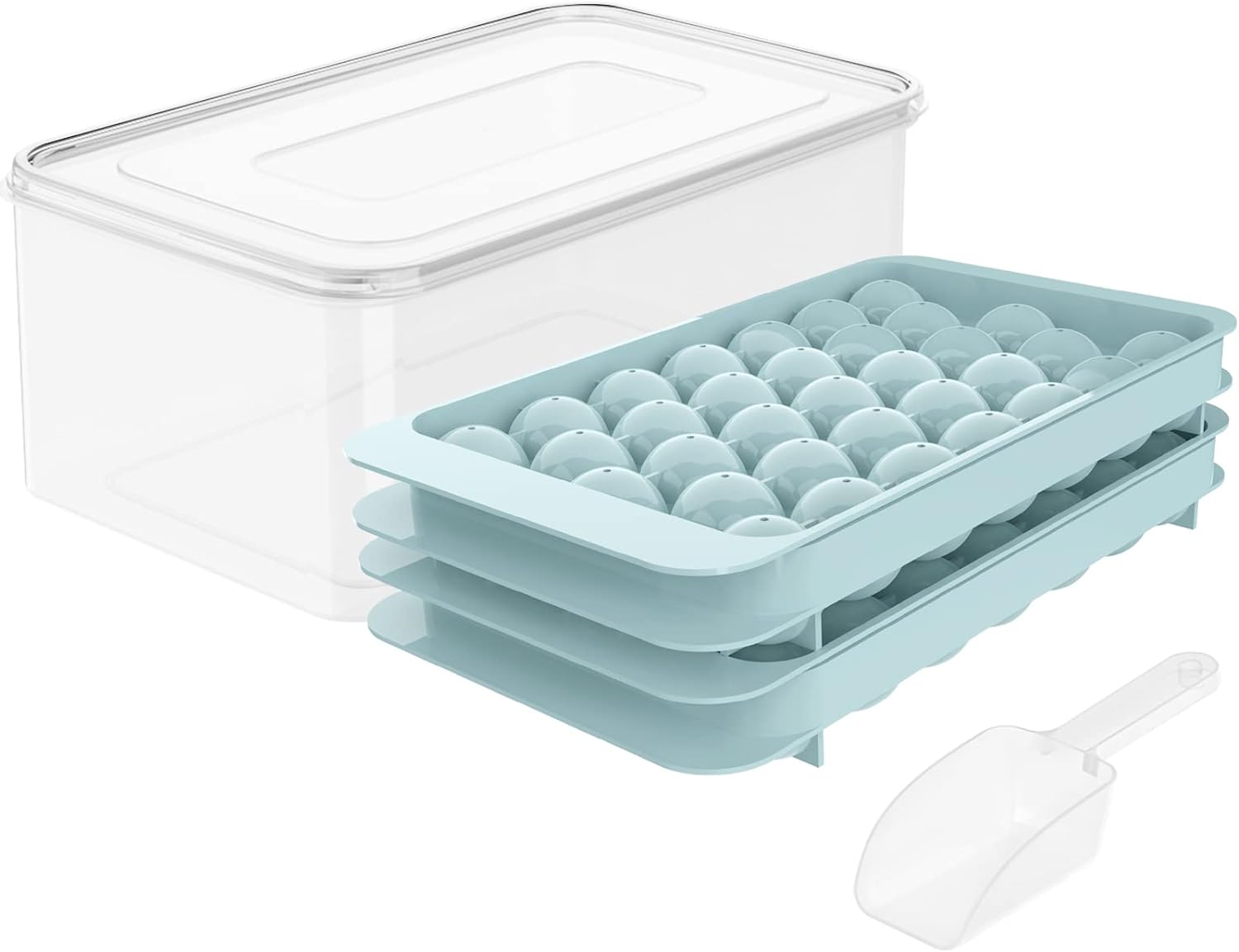 Round Ice Cube Tray with Lid & Bin Ice Ball Maker Mold for Freezer with Container Mini Circle Ice Cube Tray Making 66PCS Sphere Chilling Cocktail Whiskey Tea Coffee 2 Trays 1 ice Bucket & Scoop