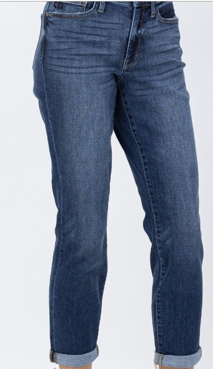 Judy Blue My Favorite Boyfriend Mid Rise Dark Wash Non Distressed Cuffed  Boyfriend Jeans