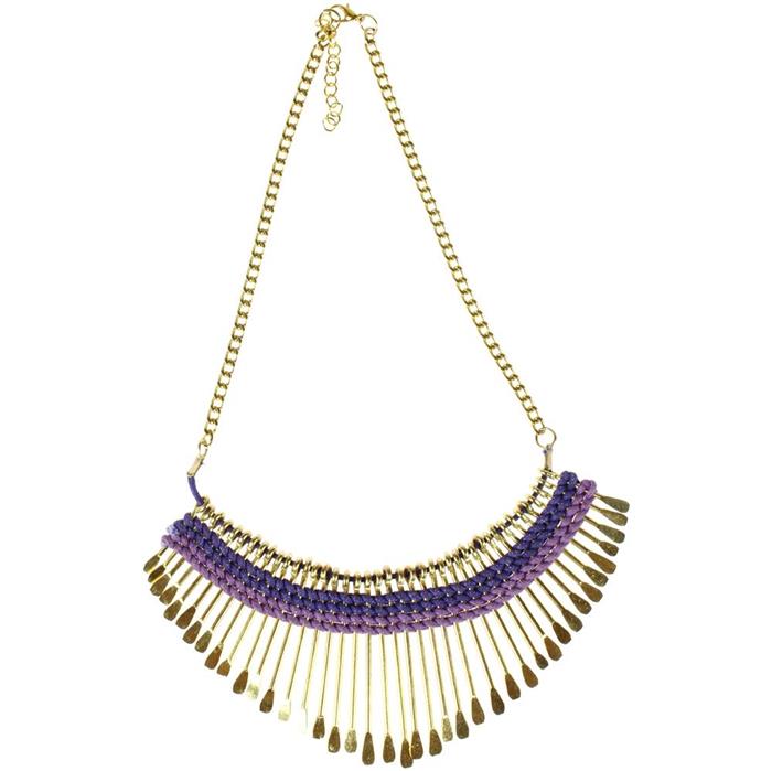 Kette+lila+violett+Messing+Statement+Stäbchen+gold+Baumwolle+nickelfrei+44-48,5+cm+antik+Tribal