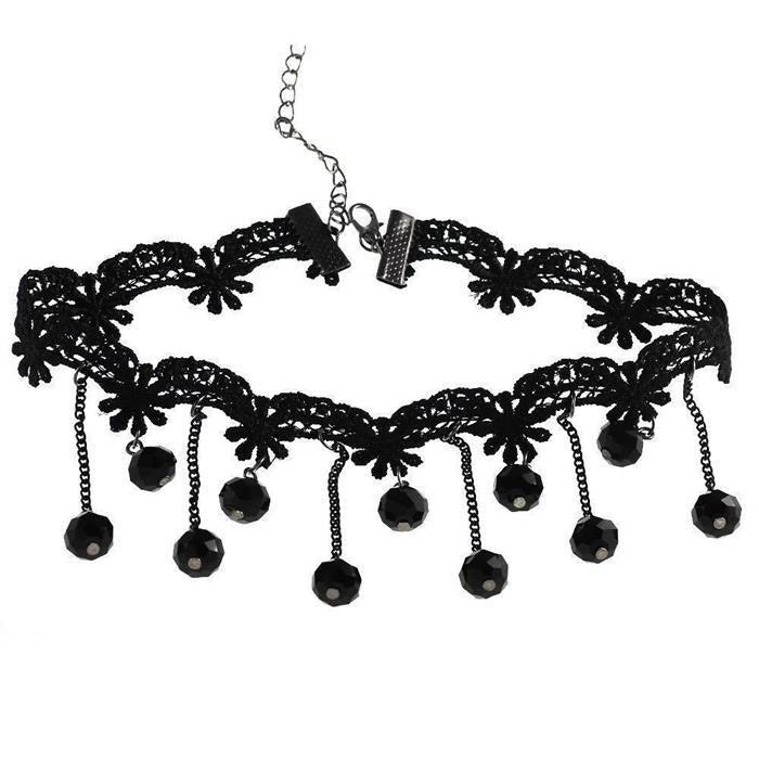 Damen+Kette+eng+anliegend+schmales+Stoffband+schwarz+Wellenförmig+Gothic+26,5+cm+Karabiner+verstellbar+Edelstahl