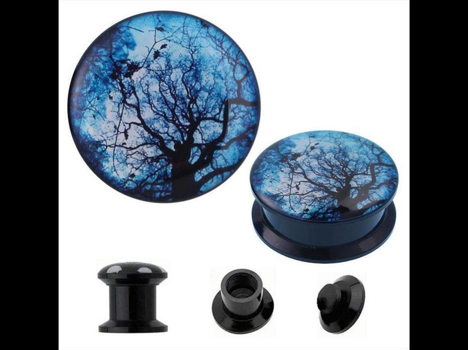 Schraub+Plug+Acryl+Baum+schwarz+blau+verzweigt+Tunnel+Expander+Piercing+Ohrschmuck