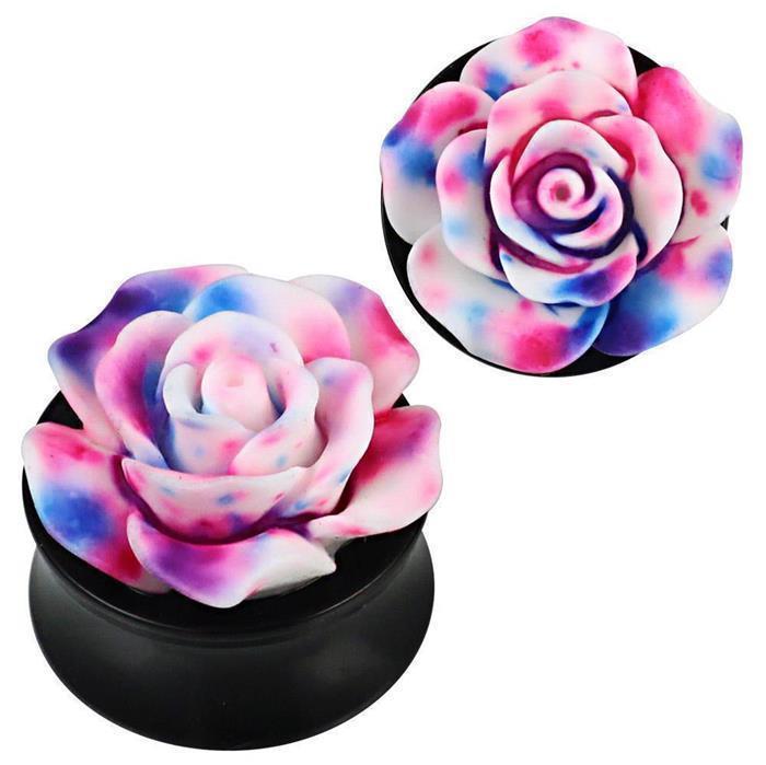 3D+Plug+Acryl+weiß+Rose+pink+blau+gefleckt+plastisch+Piercing+Ohrschmuck