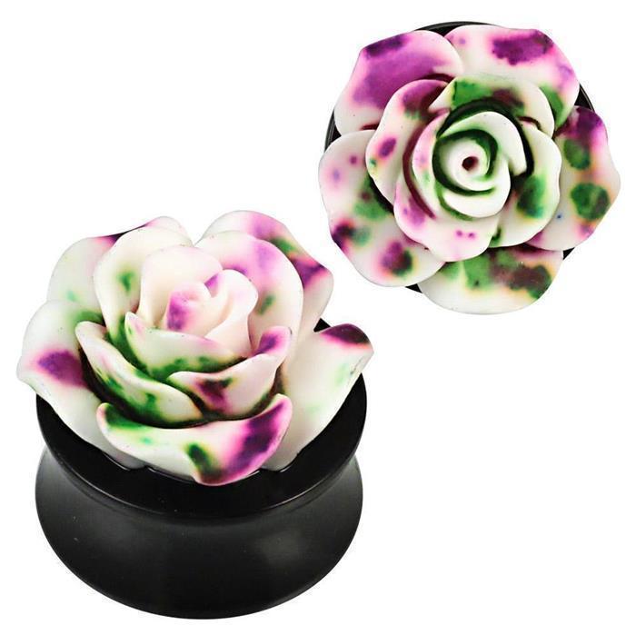 3D+Plug+Acryl+weiß+Rose+lila+grün+gefleckt+plastisch+Piercing+Ohrschmuck