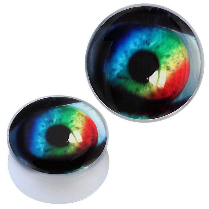 Acryl+Plug+weiß+Auge+Regenbogen+Iris+schwarz+Piercing+Ohrschmuck