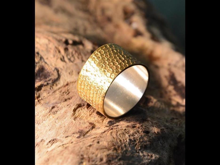 Ring+Silber+vergoldet+Kreise+Waben+gestempelt+breit