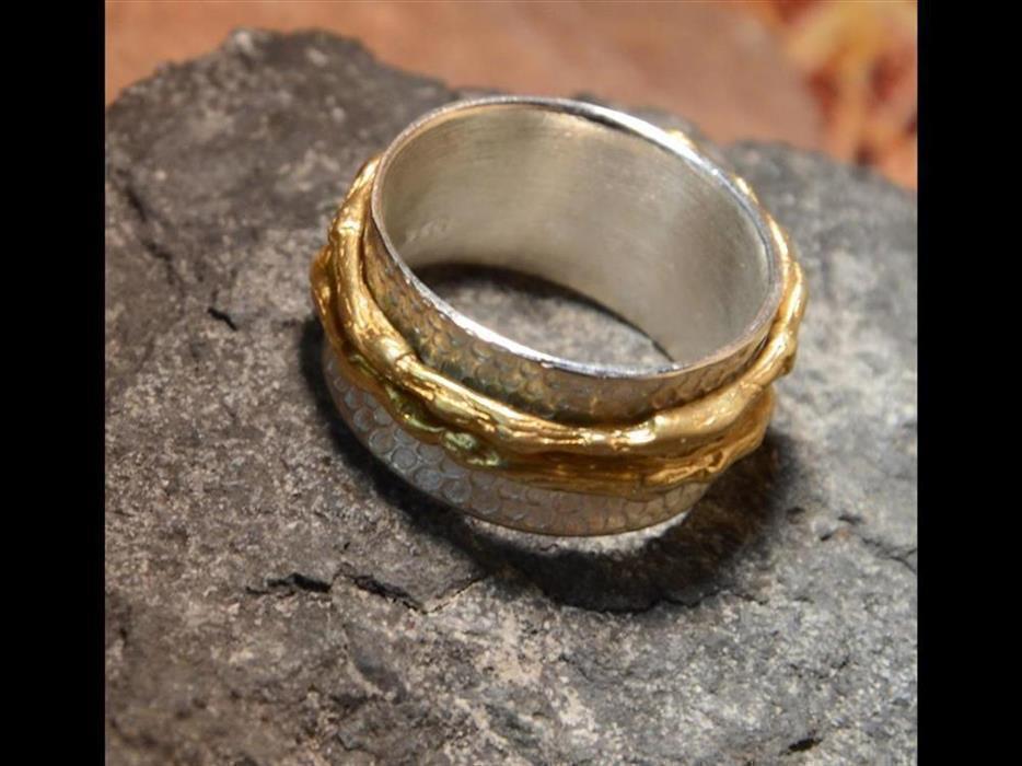 Ring+Silber+vergoldet+Kreis+Waben+gestempelt+breit+Ringe