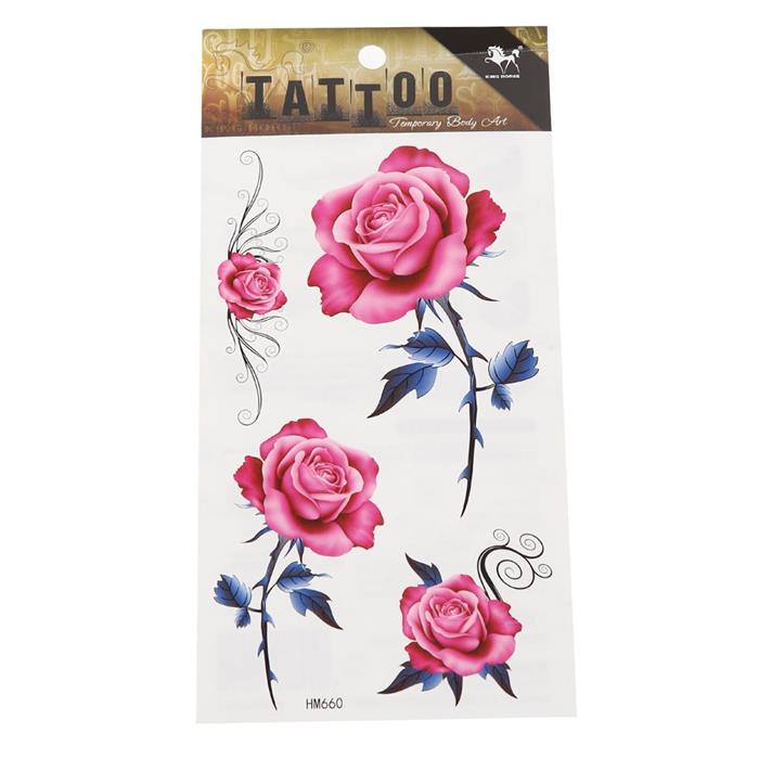 Klebetattoo+Rosen+blüten+rosa+pink+Stil+Blätter+Dornen+blau+4+Motive+1+Bogen