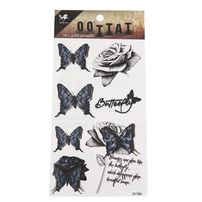 Klebetattoo+Vintage+Style+Schmetterlinge+blau+Rose+schwarz+weiß+8+Motive+1+Bogen