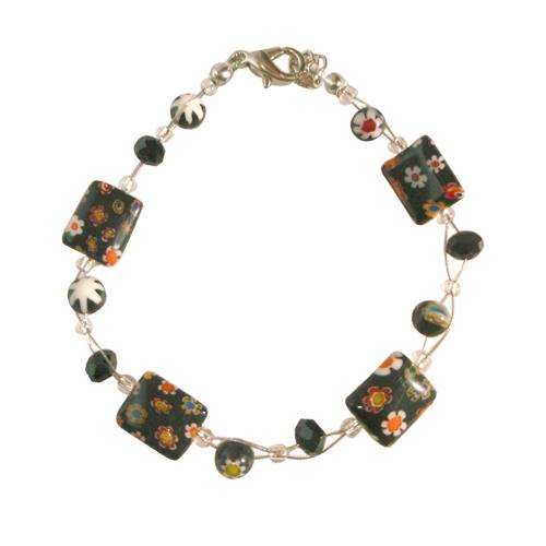 Muranoglas+Glasperlen+Glitzer+Perlen+Armband+Blumen+schwarz+Rechtecke+Damen+Schmuck+18-20+cm