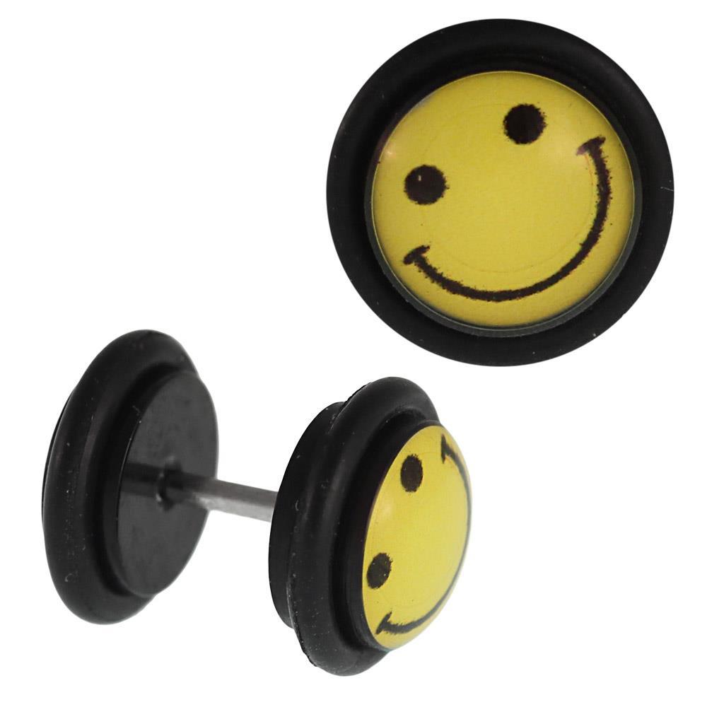 Fake+Piercing+Plug+schwarz+Gesicht+Smiley+lachend+gelb+Gummiring+7+mm