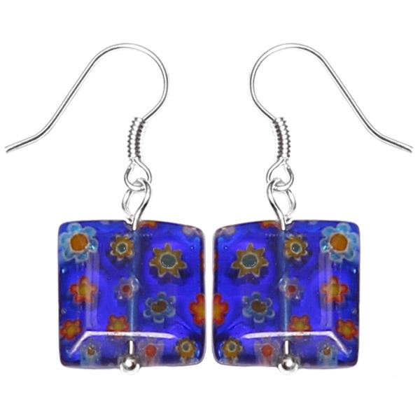 Muranoglas+Glas+Ohrringe+14+mm+Quadrat+blau+Muster+Blumen+bunt+925er+Silber
