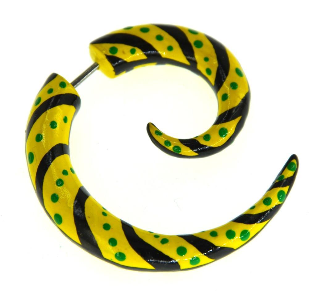 Fake+Spirale+bemalt+gelb+schwarz+grün+Piercing+Holz