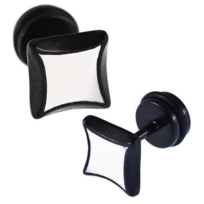 Fake+Piercing+Expander+schwarz+Quadrat+mit+weißem+Quadrat+Schaubverschluss+Edelstahl