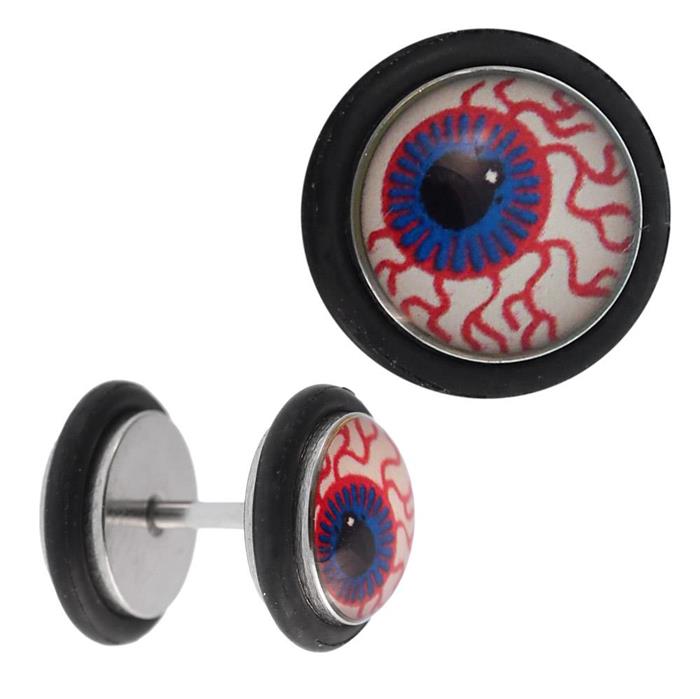 Fake+Piercing+Plug+Edelstahl+Auge+blau+rote+Adern+schwarz+Gummiring+7+mm