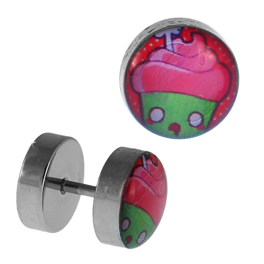 Fake+Piercing+Plug+Edelstahl+Cupcake+pink+grün+mit+Augen+10+mm