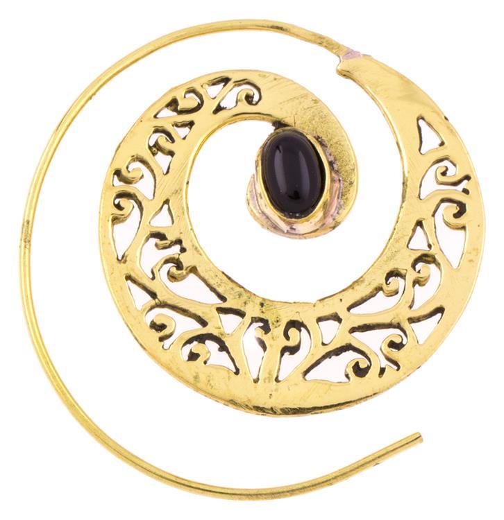 Spiralen+Ohrringe+breit+gestanzt+Onyx+oval+Messing+antik+golden+Piercing+Tribal