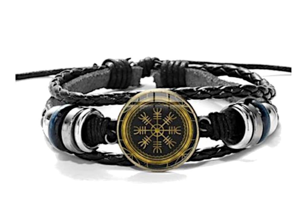 Viking+Kompass+Leder+Armband+schwarz+silber+verstellbar