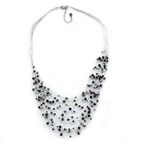 Seidenfaden+Kette+silber+Glaskristall+Perlen+rot+schwarz+handgefädelt+54+cm+Verschluss+nickelfrei