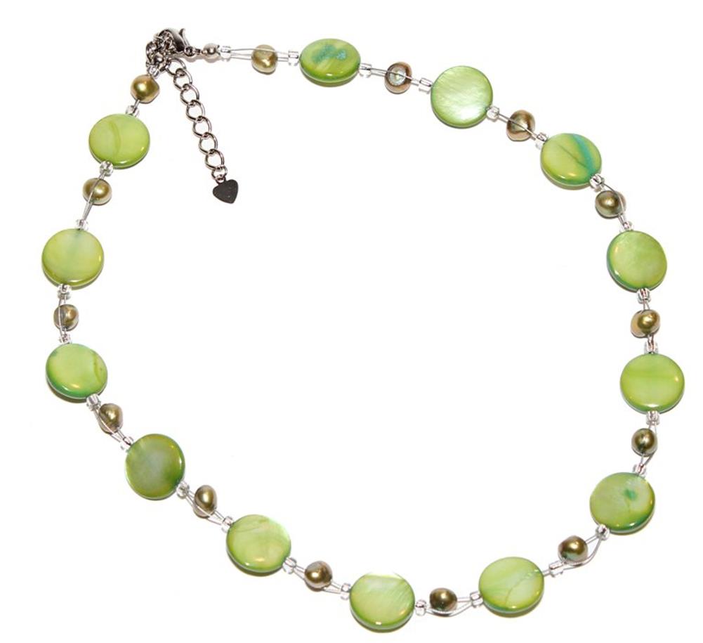 Damen-Halskette,+hellgrün,+türkis,+gold,+aus+Perlen+und+Perlmuttmuscheln,+ca.42-48cm