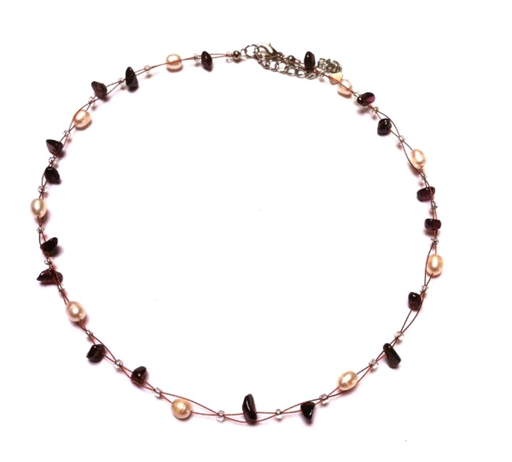 Halskette+Steinsplitter+Perlen+rubin+rot+weiß+42-48+cm