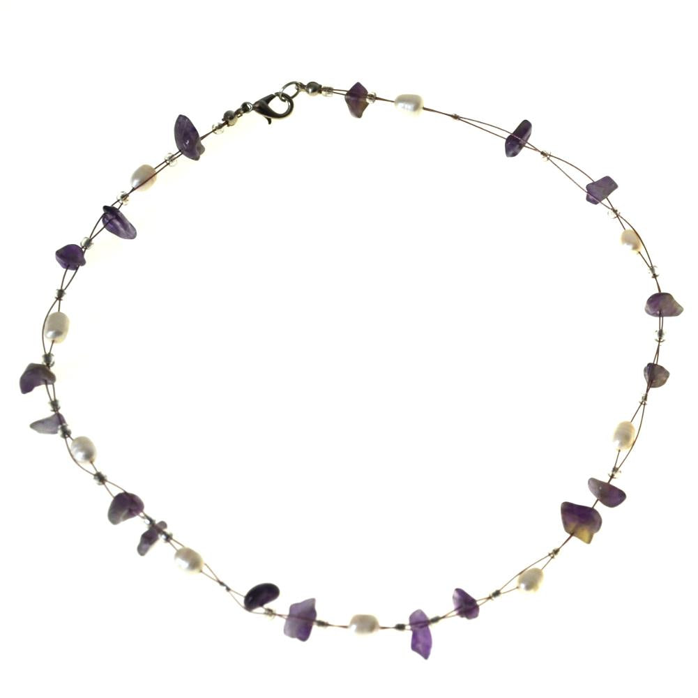 Halskette+Steinsplitter+Perlen+Amethyst+lila+weiß+42+cm