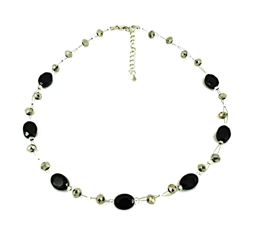 Halskette+Glas+Perlen+Glitzer+schwarz+silber+42-+48+cm