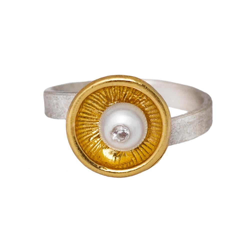 Ringe+vergoldet+Perle+925+Silber+matt+verstellbar+Zirkonia+Kelch+Goldschmiedearbeit