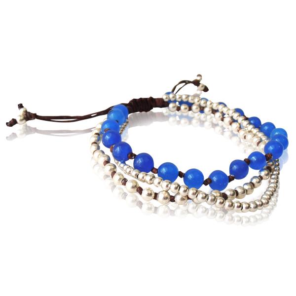 Armband+dreilagig+blau+Steine+Brass+Perlen+Baumwolle+gewachst+braun+nickelfrei+verstellbar