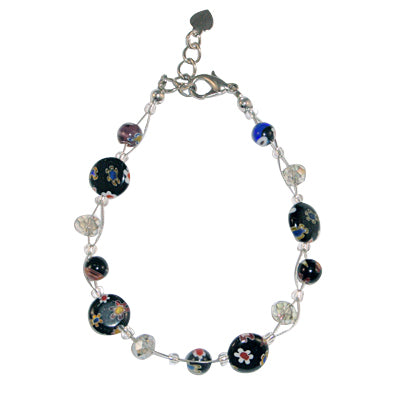 Glitzer+Muranoglas+Armband+rund+schwarz+Perlen+Blümchenmuster+ca.18-20cm+nickelfrei