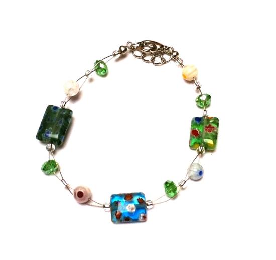 Muranoglas+Glasperlen+Perlen+Armband+grün+bunt+Blumen+Damen+nickelfrei+18-20+cm+verstellbar