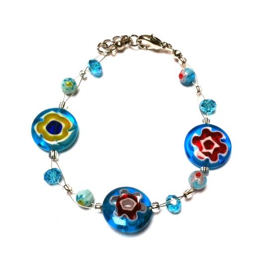 Muranoglas+Glasperlen+Armband+hell+blau+bunt+Blumen+Glitzer+nickelfrei+18-20+cm