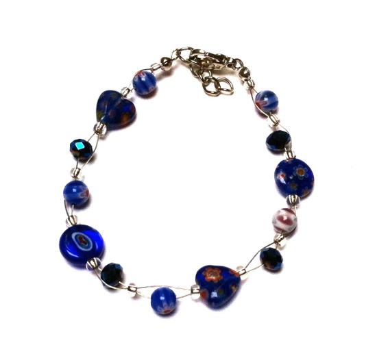 Muranoglas+Glasperlen+Perlen+Armband+Damen+18-20+cm+blau+Blumen+Herz+nickelfrei