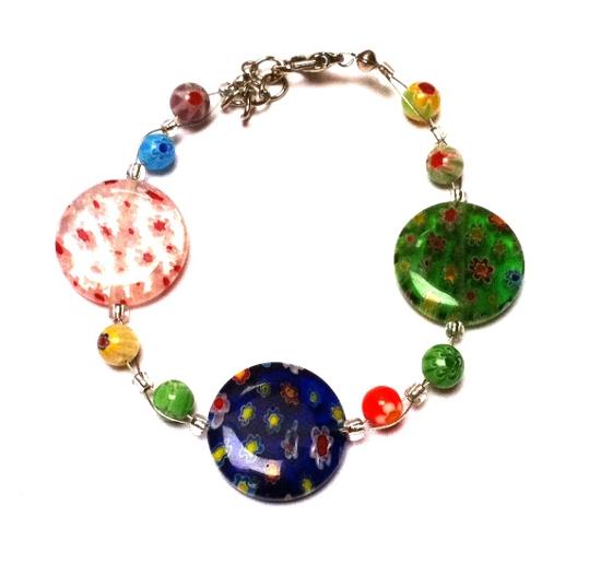 Muranoglas+Glasperlen+Glas+Perlen+Armband+Damen+Schmuck+Edelstahl+18-20+cm+Blumen+bunt+rund+flach