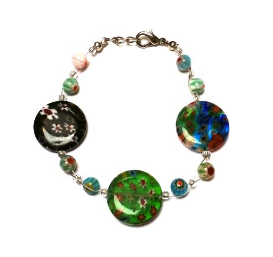 Muranoglas+Glasperlen+Glas+Perlen+Armband+Damen+Schmuck+Edelstahl+18-20+cm+Blumen+schwarz+grün+bunt
