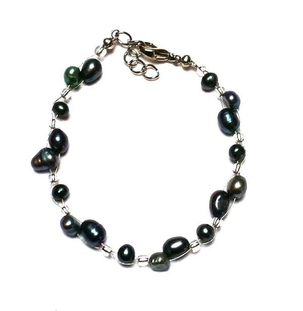Armband+grün+metallic+schwarz+Perlen+Glasperlen+Edelstahl+Damen+Glitzer+Schmuck+verstellbar