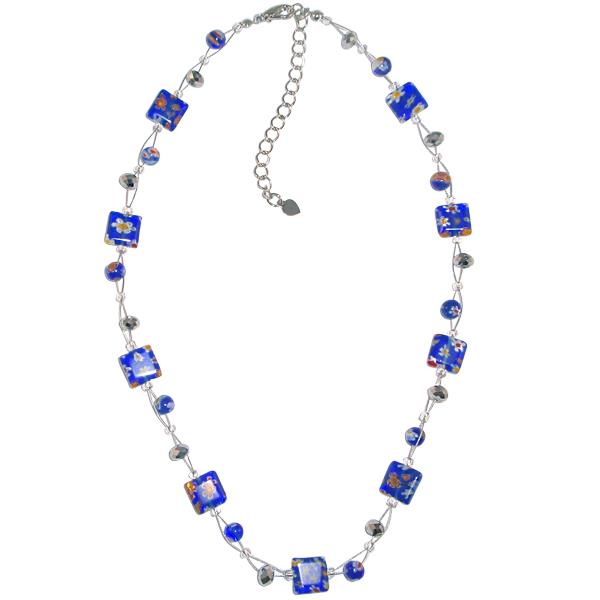 Damen+Kette+Halskette+Muranoglas+Blumen+Rechteck+Perlen+Glasperlen+blau+silber+42-48+cm+nickelfrei