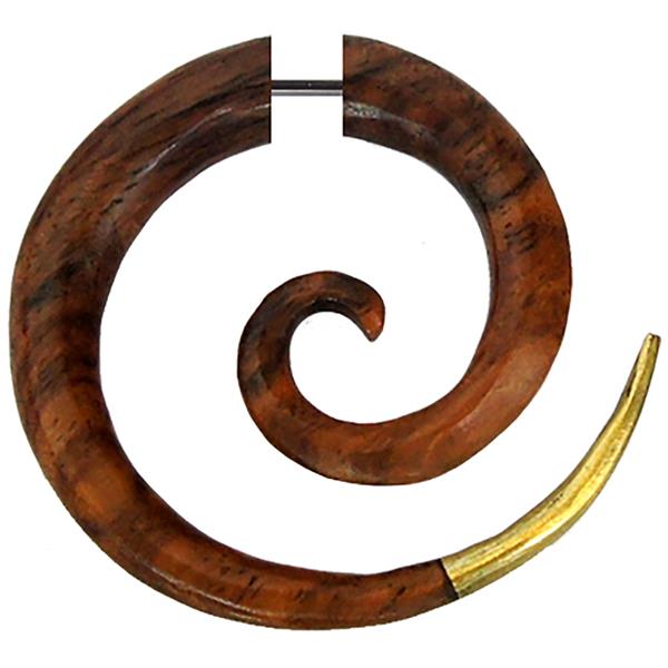 Fake+Holz+Piercing+Spirale+Steckverschluss+dunkelbraun+goldene+Brass+Spitze