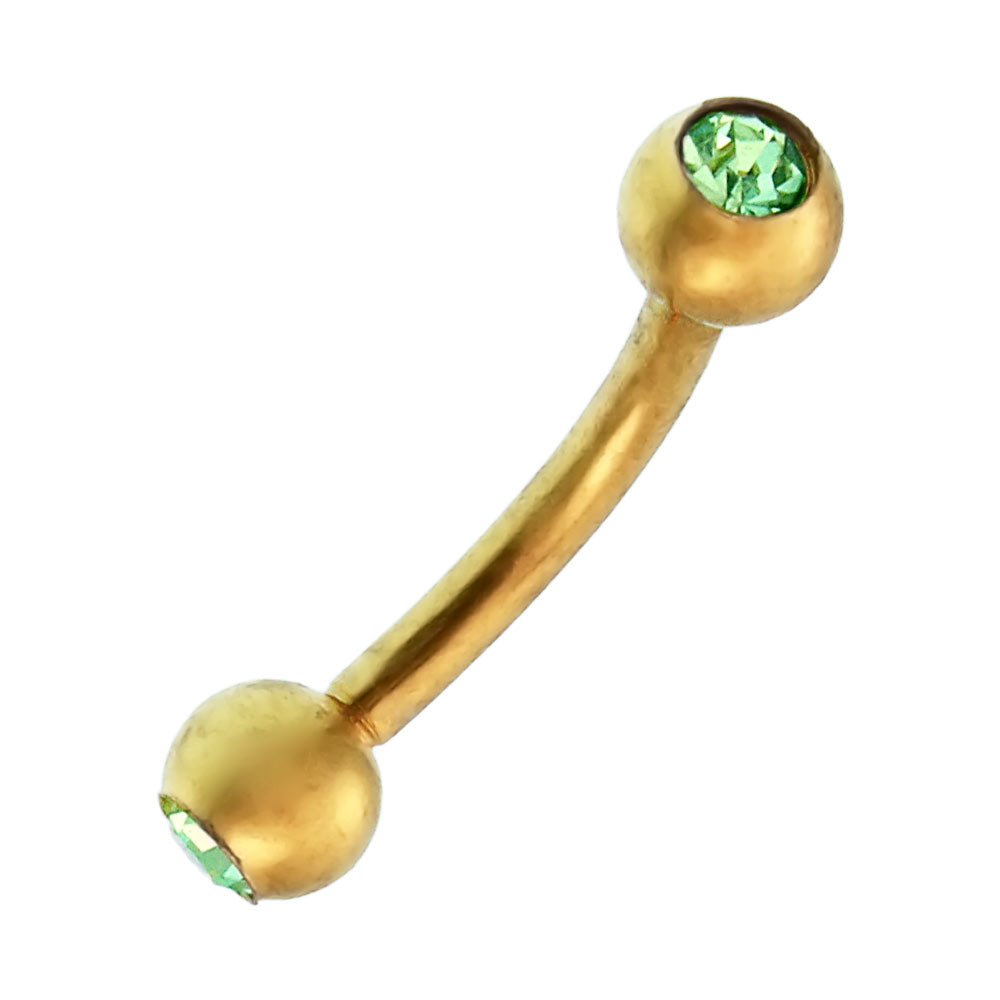 Banane+Curved+Barbell+Piercing+mit+Kugeln+goldfarben+aus+Edelstahl+mit+Glitzerstein+in+Grün