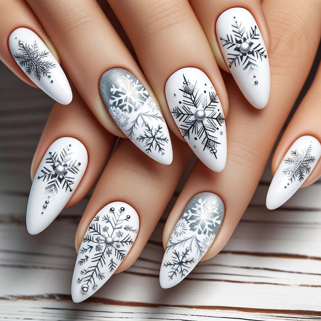 Diseño de uñas blancas con copos de nieve