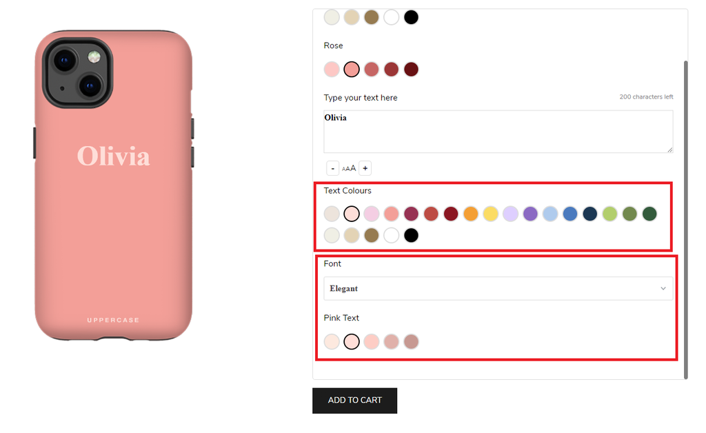 change the colour of your personalised text on your custom phone case at UPPERCASE australia