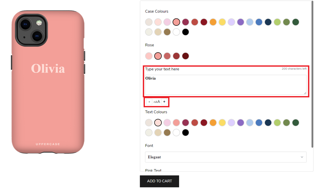 where to type your personalised text and adjust the size of the text of your personalised phone case - UPPERCASE australia