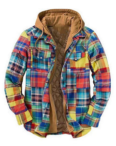  Men s  casual  multicolor  stitching  thick  plaid  hooded  