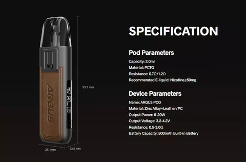 VOOPOO ARGUS POD KIT 20W SPECIFICATION