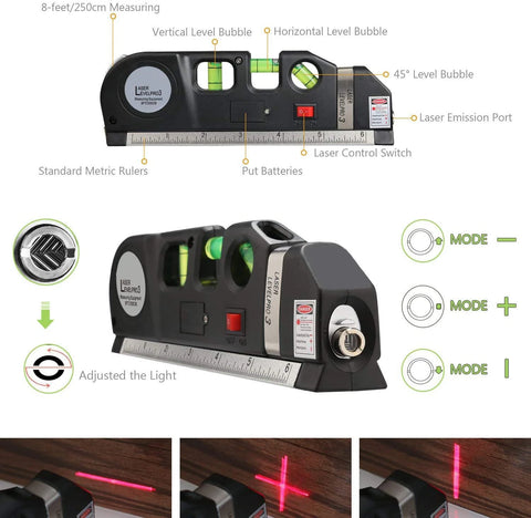 Shows the laser level with ruler, bubble level, tape measure, and all features