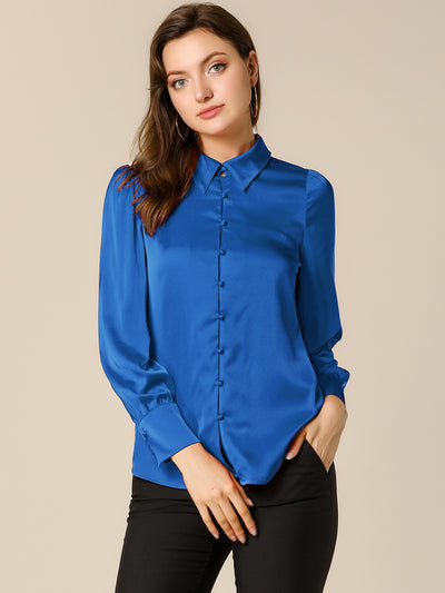 Allegra K Women's Satin Work Collar Sleeveless Button Down Shirts Royal  Blue Small