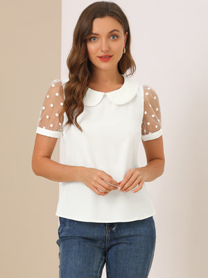 Peter Pan Collar Puff Mesh Short Sleeve Polka Dot Blouse, Allegra K