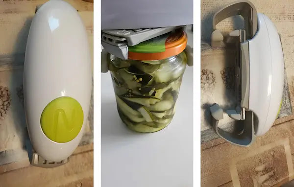 A imagem é composta de três fotos. A primeira foto mostra um dispositivo branco e cinza com um grande botão verde, visto de cima. A segunda foto mostra o dispositivo abrindo um pote de vidro com legumes em conserva. A terceira foto mostra o dispositivo de lado, destacando suas garras cinza.