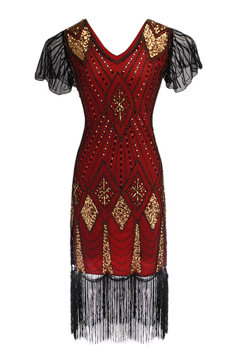1920s Retro Beaded V Neck Mesh Fringe Gowns Midi Dresses – FigureDress
