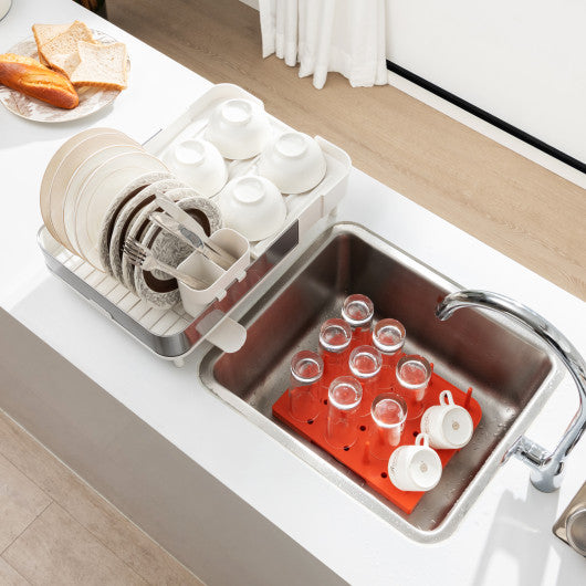 Stainless Steel Expandable Dish Rack with Drainboard and Swivel Spout -  Costway