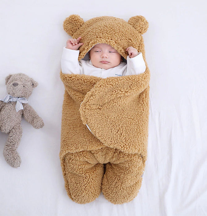 Newborn Baby Swaddle Blanket Wrap  Winter Infant Soft Plush Romper Warm  Hooded Wrap.